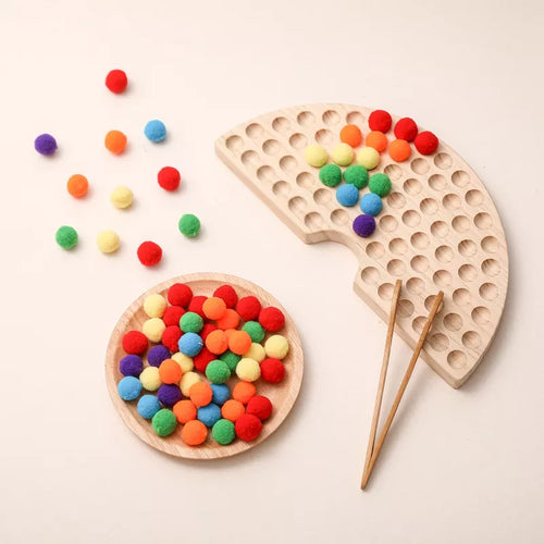 Wooden Sorting Board with Wool Felt Balls (Rainbow)